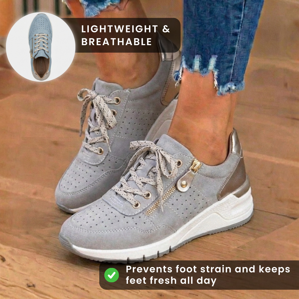 Orthopedic Suede Platform Sneakers - Perforated Design & Metallic Heel Counter
