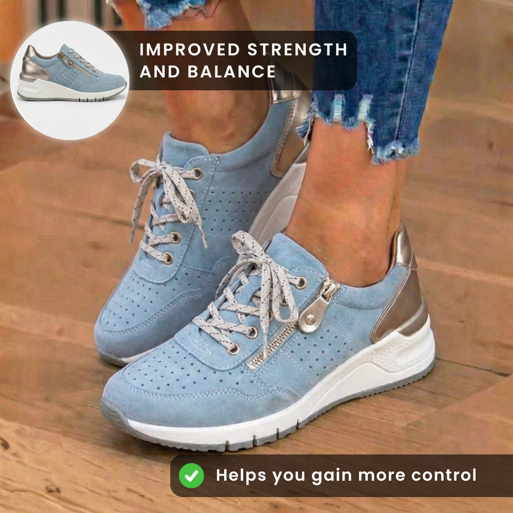 Orthopedic Suede Platform Sneakers - Perforated Design & Metallic Heel Counter