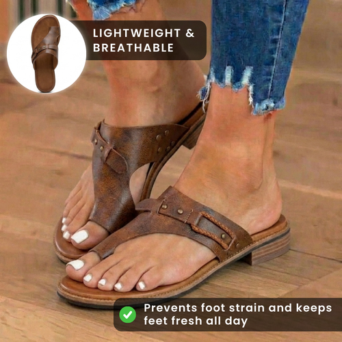 Orthopedic Leather Toe-Loop Sandals - Buckle Accent Cork Footbed