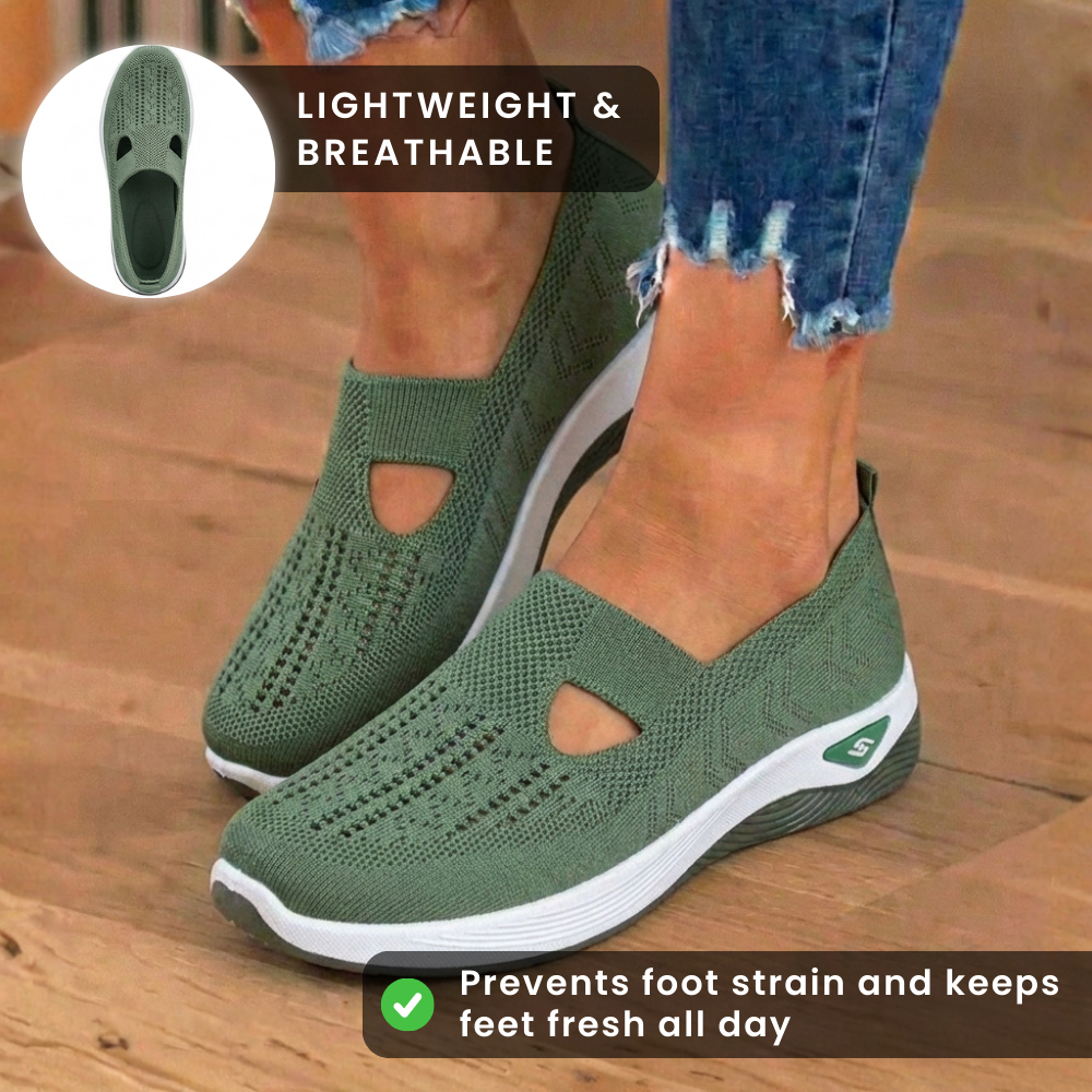 Orthopedic Knit Slip-On Wedge Sneakers - Cutout Teardrop Design & Rocker Sole