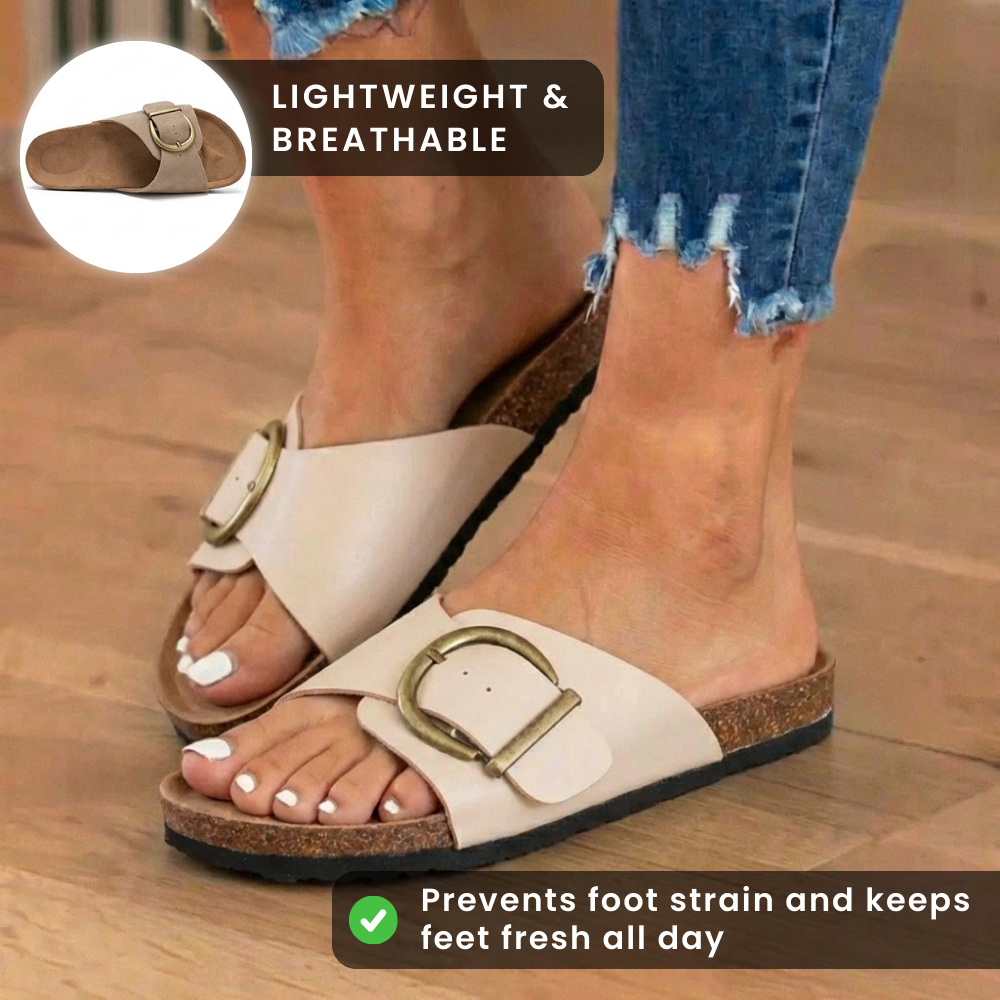 Orthopedic Leather Cork Slide Sandals - Oversized Buckle Detail