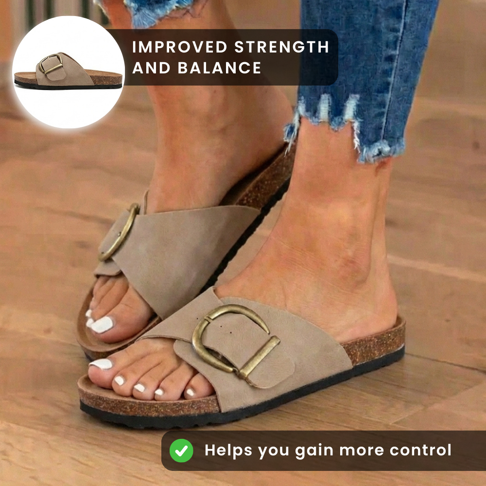 Orthopedic Leather Cork Slide Sandals - Oversized Buckle Detail