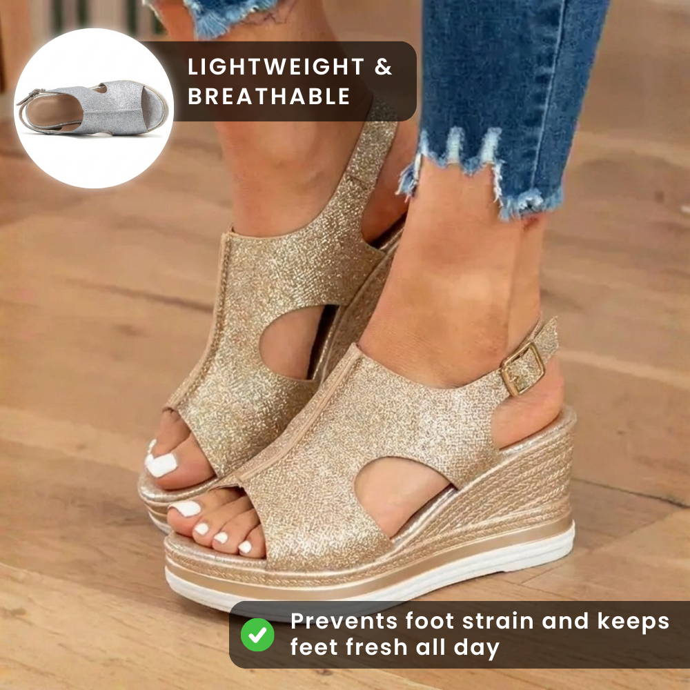 Orthopedic Platform Wedge Sandals - Espadrille Trim & Buckle Strap