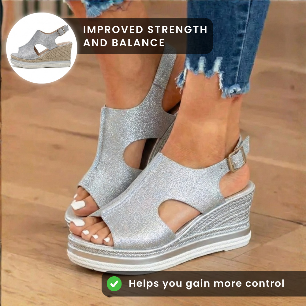Orthopedic Platform Wedge Sandals - Espadrille Trim & Buckle Strap