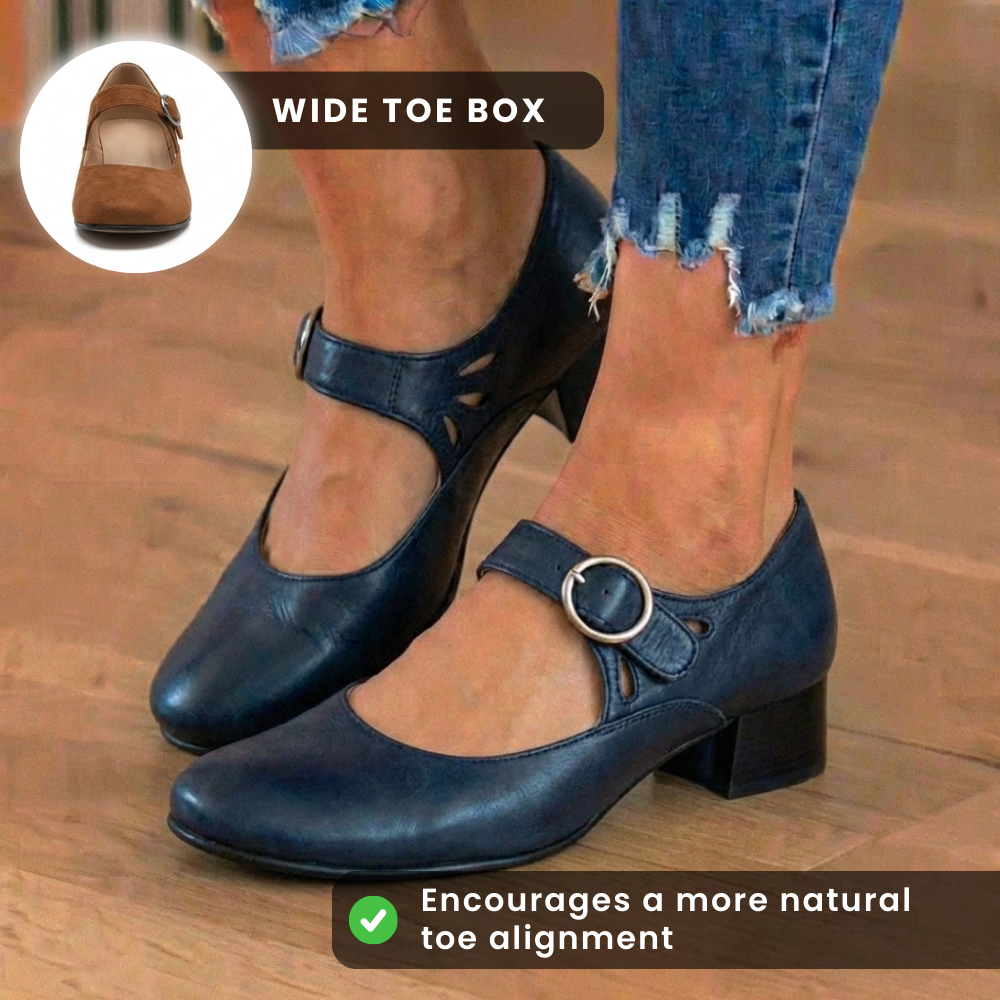 Orthopedic Suede Mary Jane Block Heels - Ring Buckle & Cutout Detail
