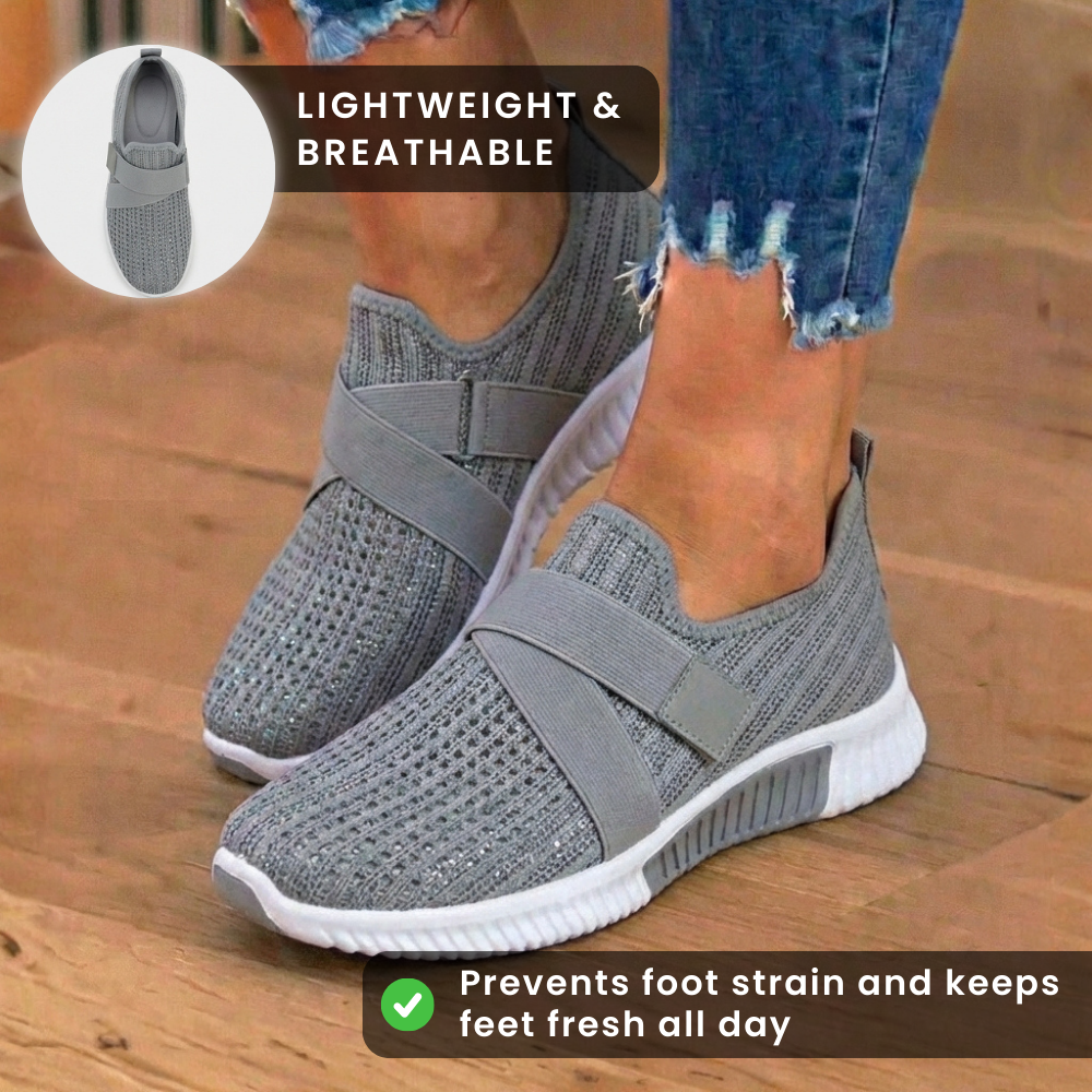Orthopedic Knit Slip-On Sneakers - Rhinestone Embellished & Adjustable Strap