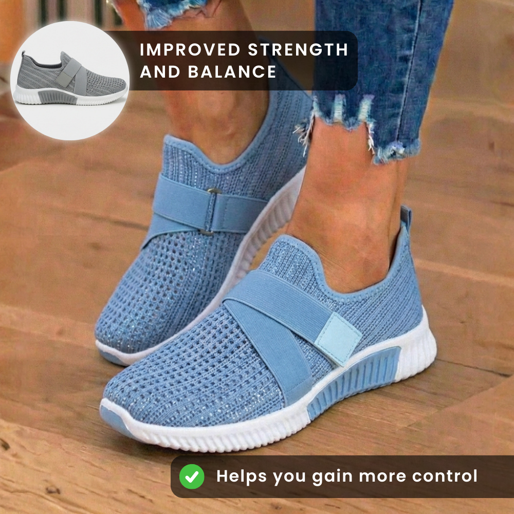 Orthopedic Knit Slip-On Sneakers - Rhinestone Embellished & Adjustable Strap