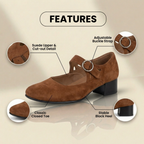 Orthopedic Suede Mary Jane Block Heels - Ring Buckle & Cutout Detail