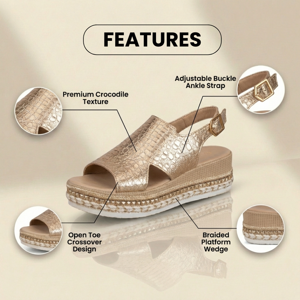 Orthopedic Metallic Croc Platform Sandals - Espadrille Wedge & Studded Trim