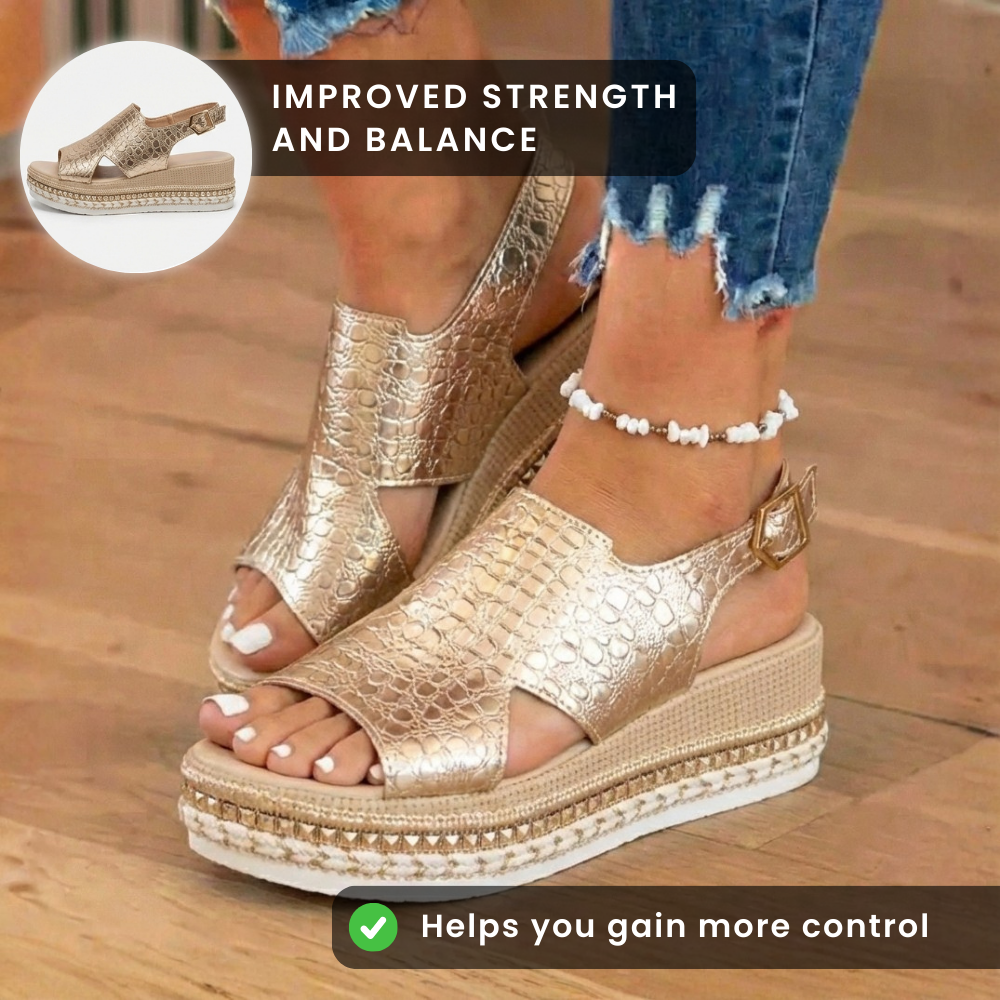 Orthopedic Metallic Croc Platform Sandals - Espadrille Wedge & Studded Trim