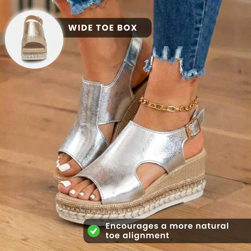 Orthopedic Metallic Croc Platform Sandals - Espadrille Wedge & Studded Trim