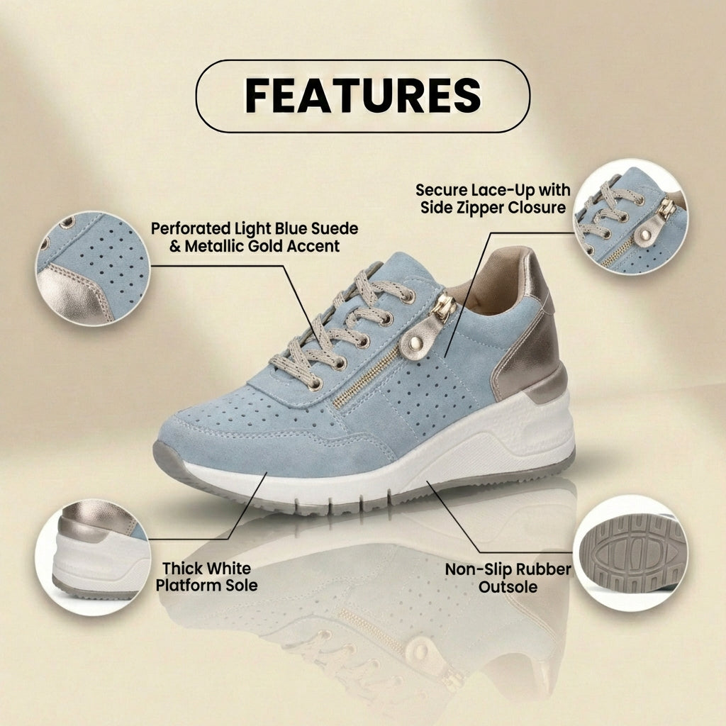 Orthopedic Suede Platform Sneakers - Perforated Design & Metallic Heel Counter