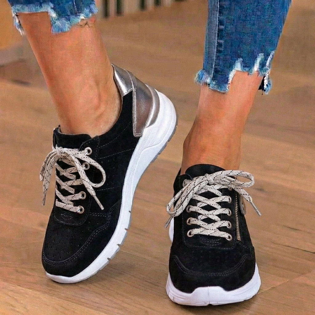 Orthopedic Suede Platform Sneakers - Perforated Design & Metallic Heel Counter