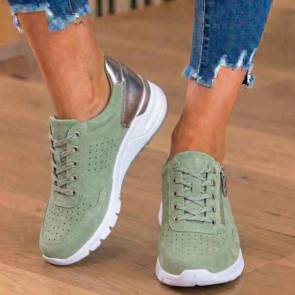 Orthopedic Suede Platform Sneakers - Perforated Design & Metallic Heel Counter