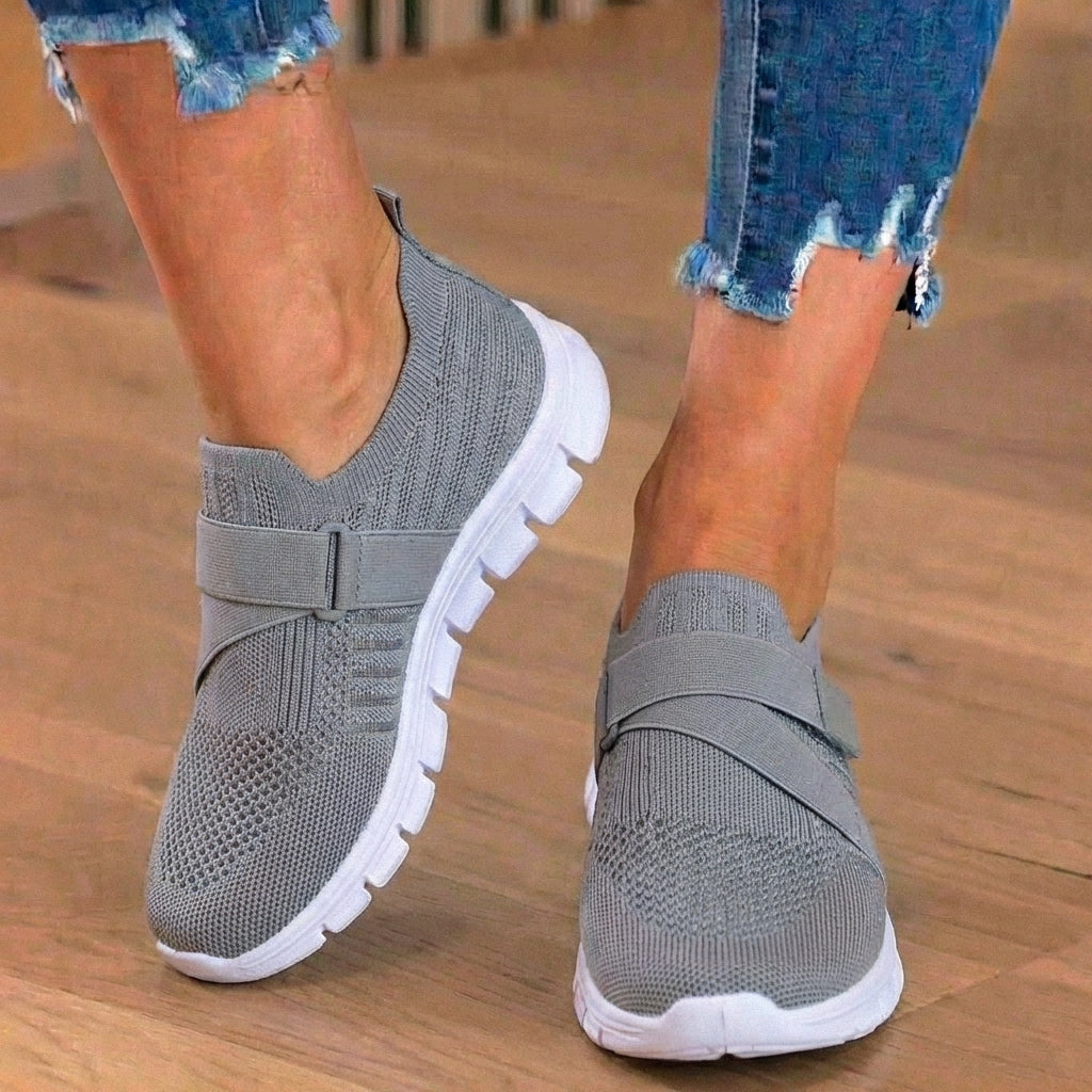 Orthopedic Knit Slip-On Sneakers - Rhinestone Embellished & Adjustable Strap