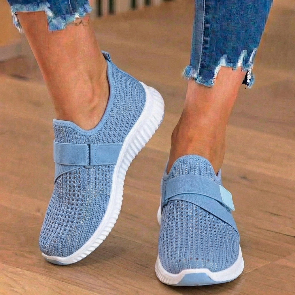 Orthopedic Knit Slip-On Sneakers - Rhinestone Embellished & Adjustable Strap