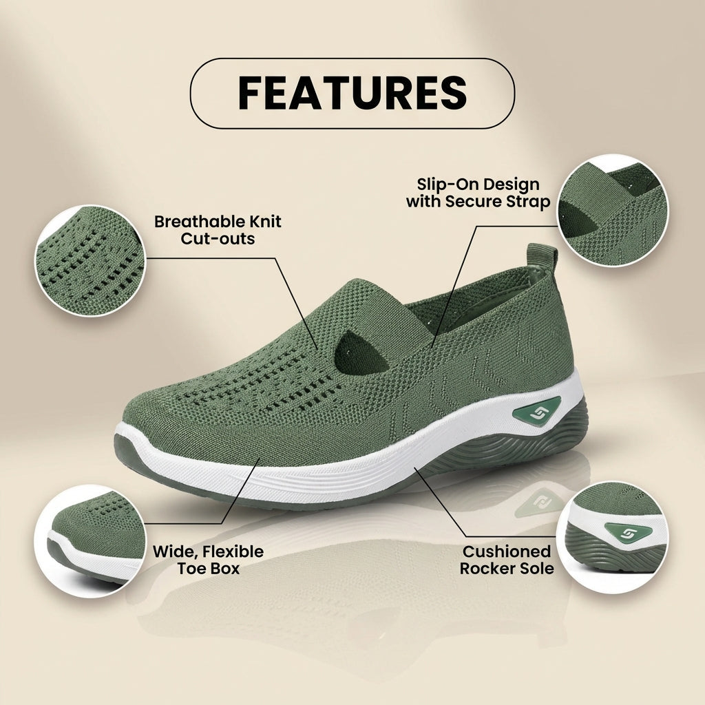 Orthopedic Knit Slip-On Wedge Sneakers - Cutout Teardrop Design & Rocker Sole