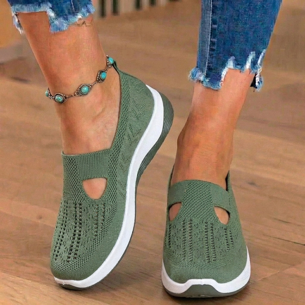 Orthopedic Knit Slip-On Wedge Sneakers - Cutout Teardrop Design & Rocker Sole