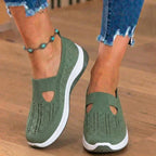 Orthopedic Knit Slip-On Wedge Sneakers - Cutout Teardrop Design & Rocker Sole