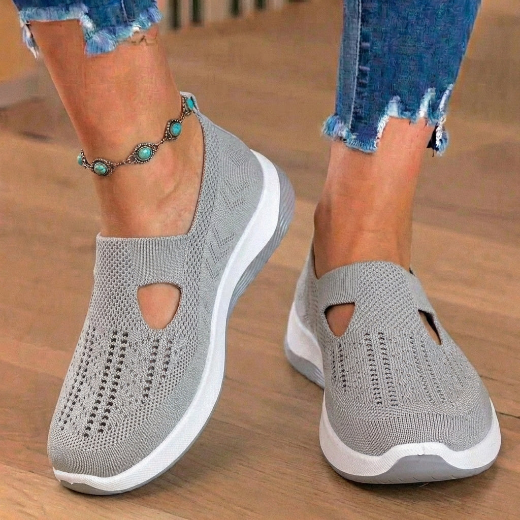 Orthopedic Knit Slip-On Wedge Sneakers - Cutout Teardrop Design & Rocker Sole