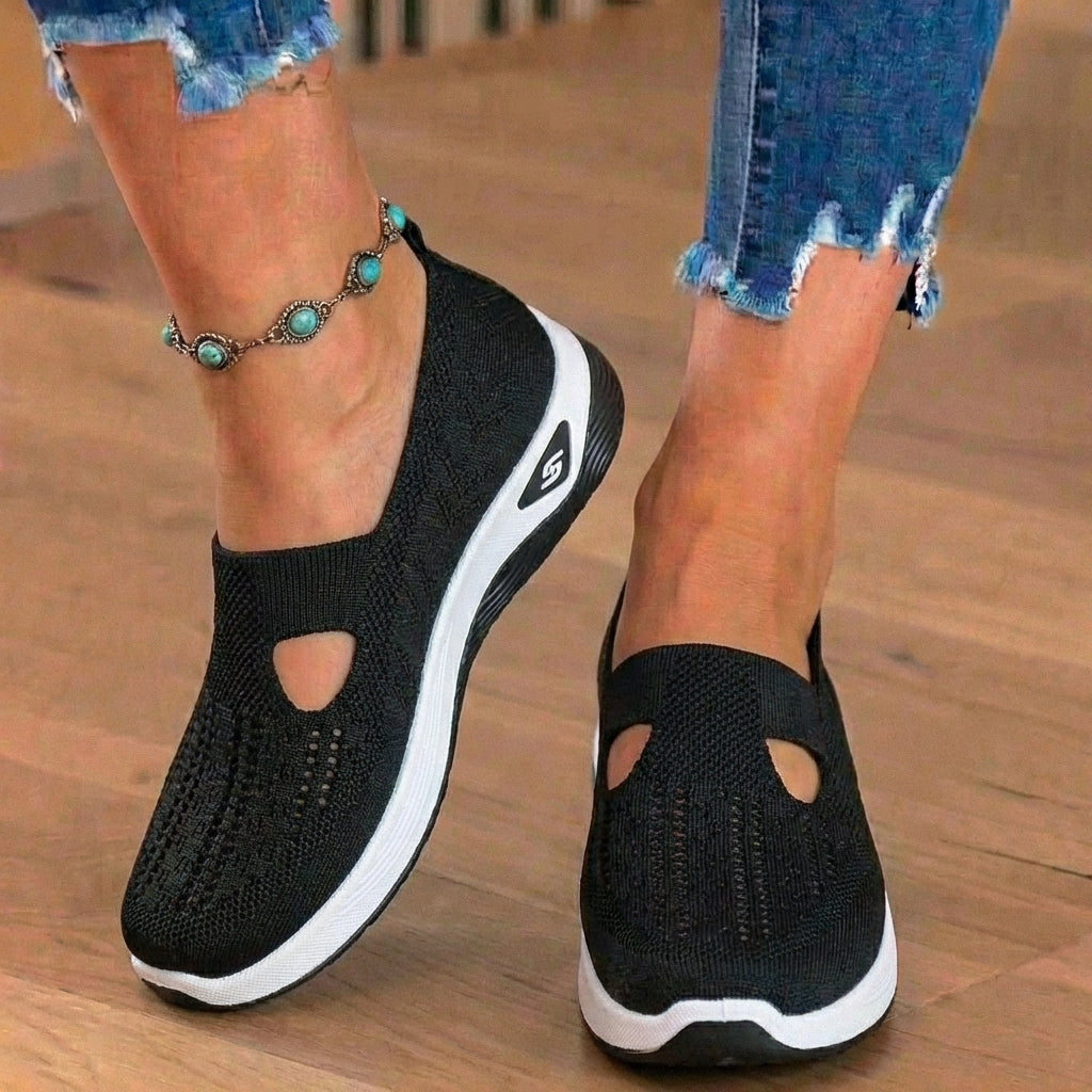Orthopedic Knit Slip-On Wedge Sneakers - Cutout Teardrop Design & Rocker Sole