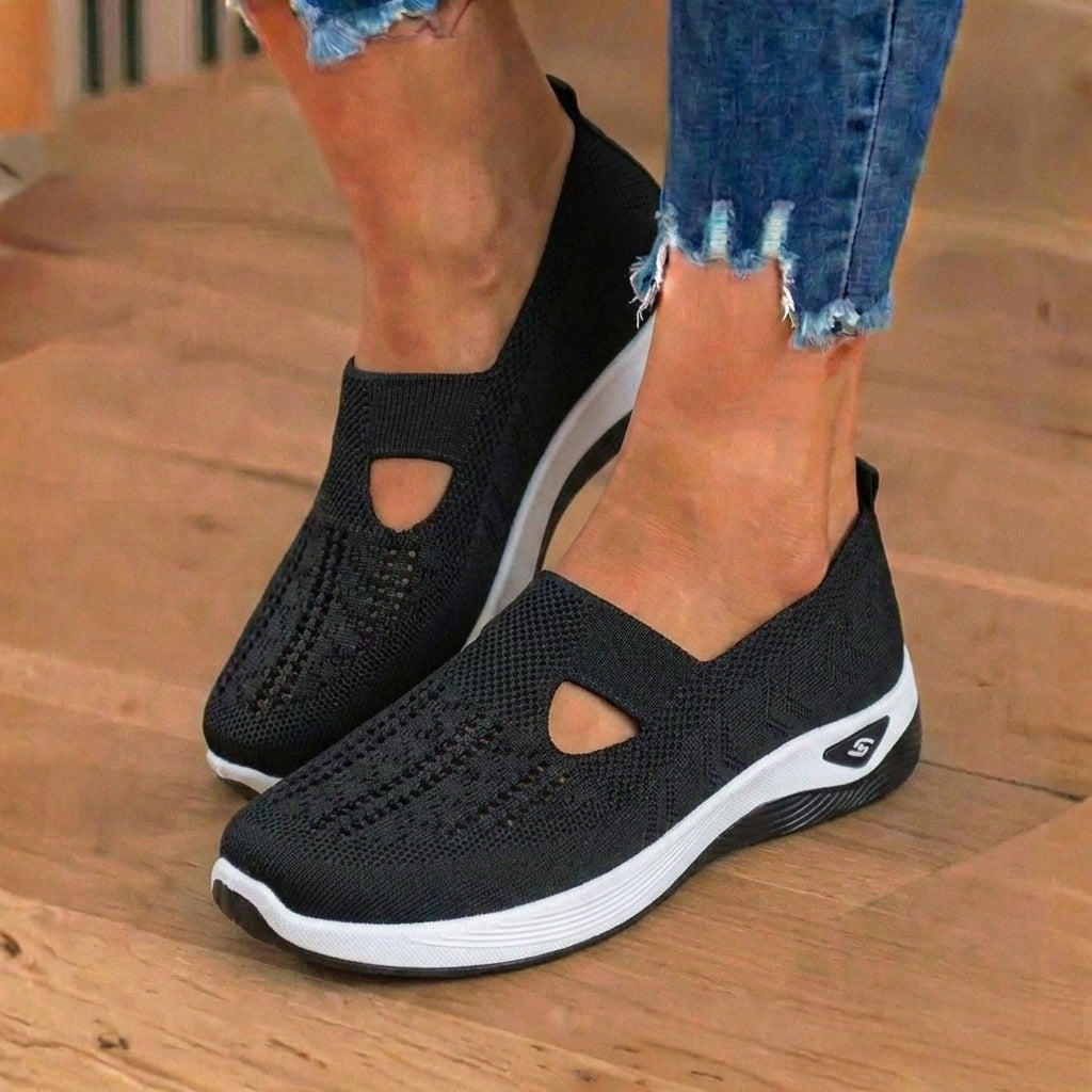 Orthopedic Knit Slip-On Wedge Sneakers - Cutout Teardrop Design & Rocker Sole