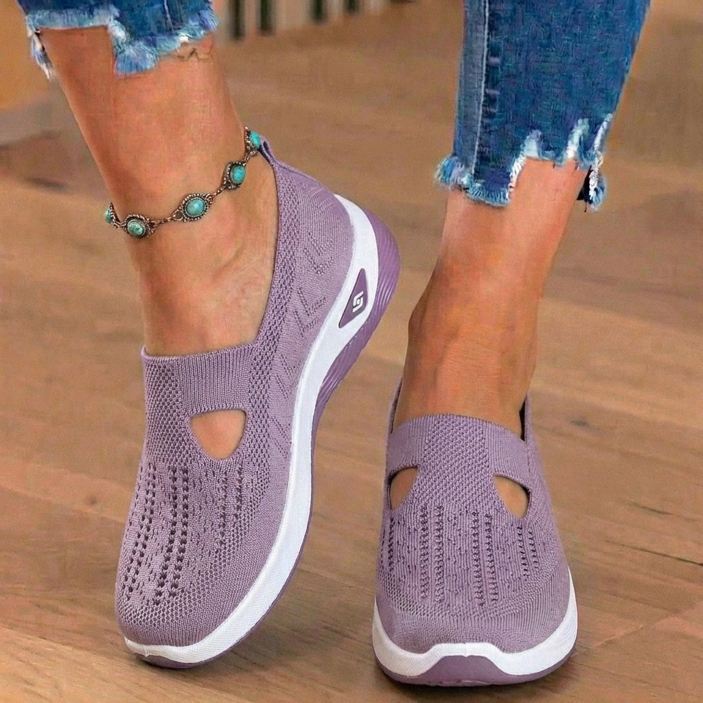Orthopedic Knit Slip-On Wedge Sneakers - Cutout Teardrop Design & Rocker Sole