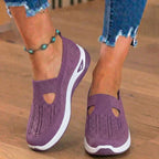 Orthopedic Knit Slip-On Wedge Sneakers - Cutout Teardrop Design & Rocker Sole