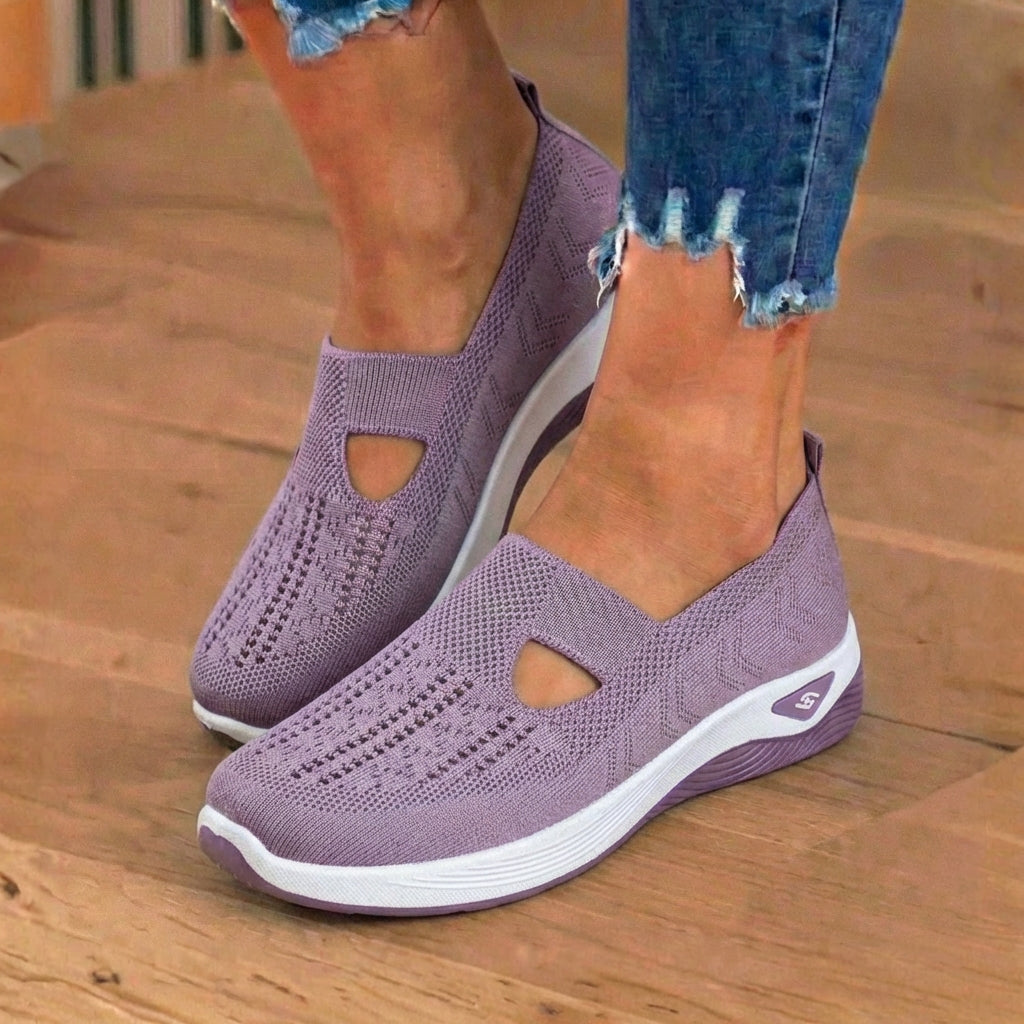 Orthopedic Knit Slip-On Wedge Sneakers - Cutout Teardrop Design & Rocker Sole