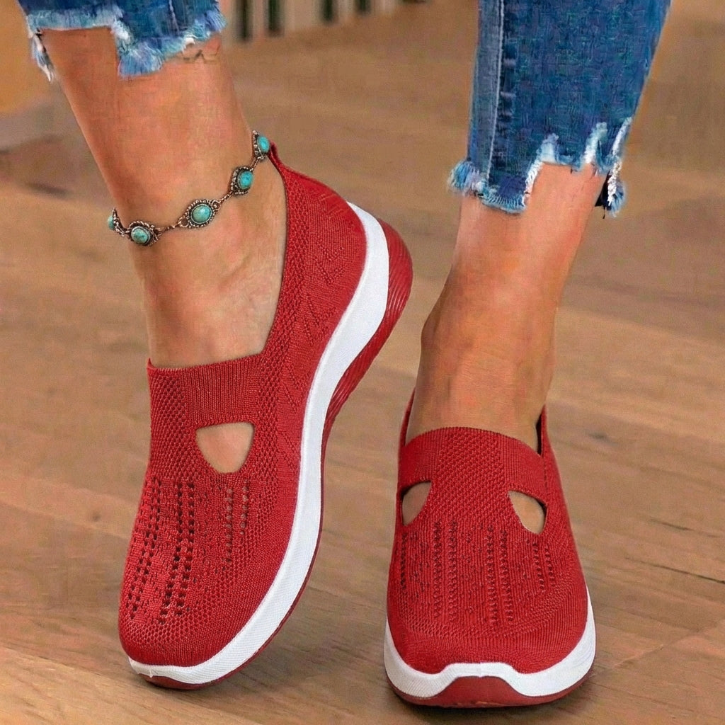 Orthopedic Knit Slip-On Wedge Sneakers - Cutout Teardrop Design & Rocker Sole