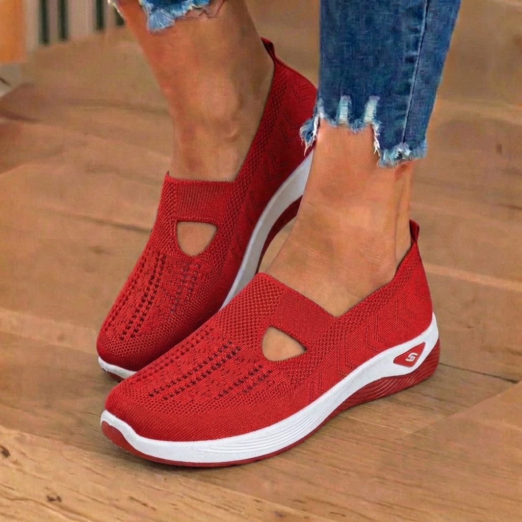 Orthopedic Knit Slip-On Wedge Sneakers - Cutout Teardrop Design & Rocker Sole