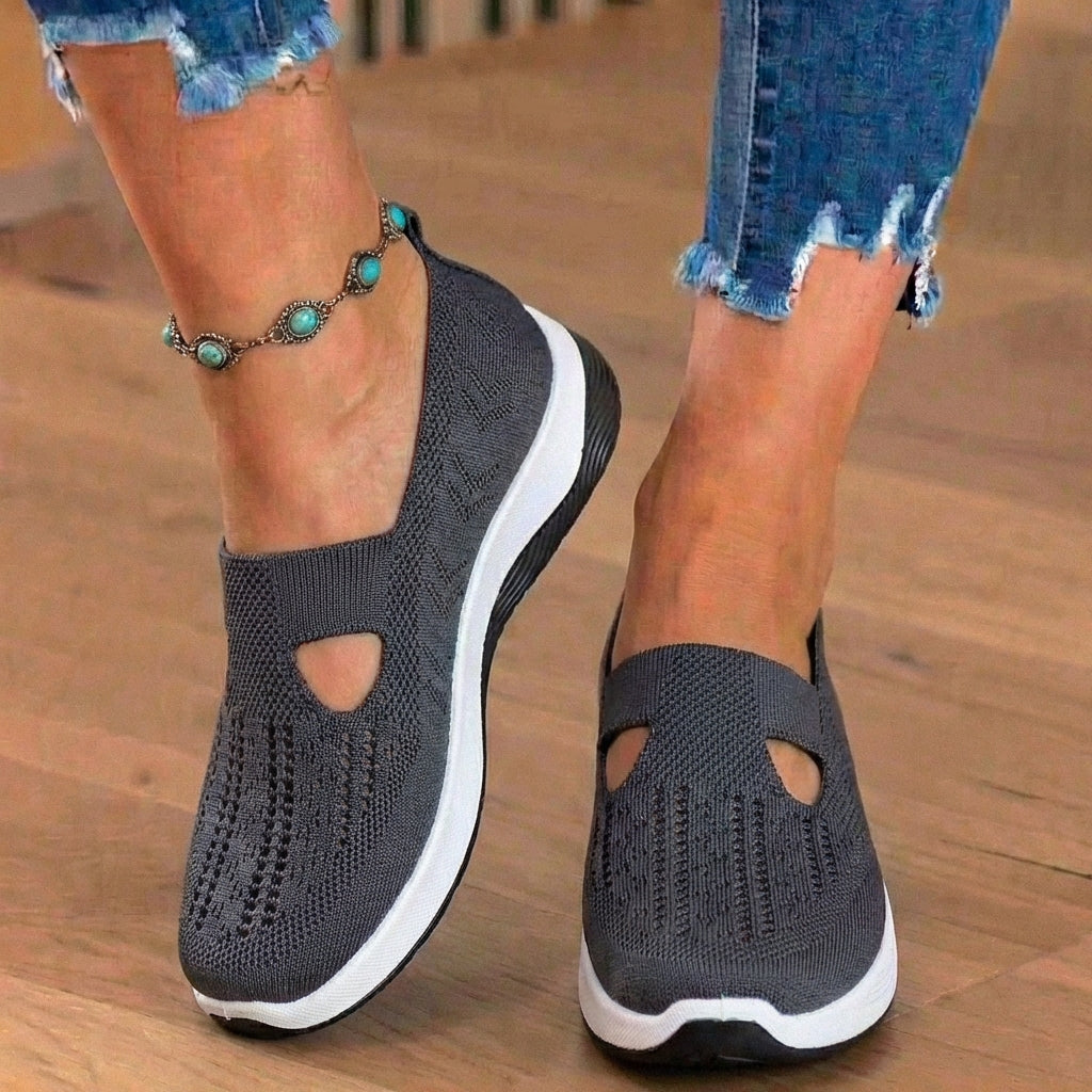 Orthopedic Knit Slip-On Wedge Sneakers - Cutout Teardrop Design & Rocker Sole