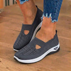 Orthopedic Knit Slip-On Wedge Sneakers - Cutout Teardrop Design & Rocker Sole