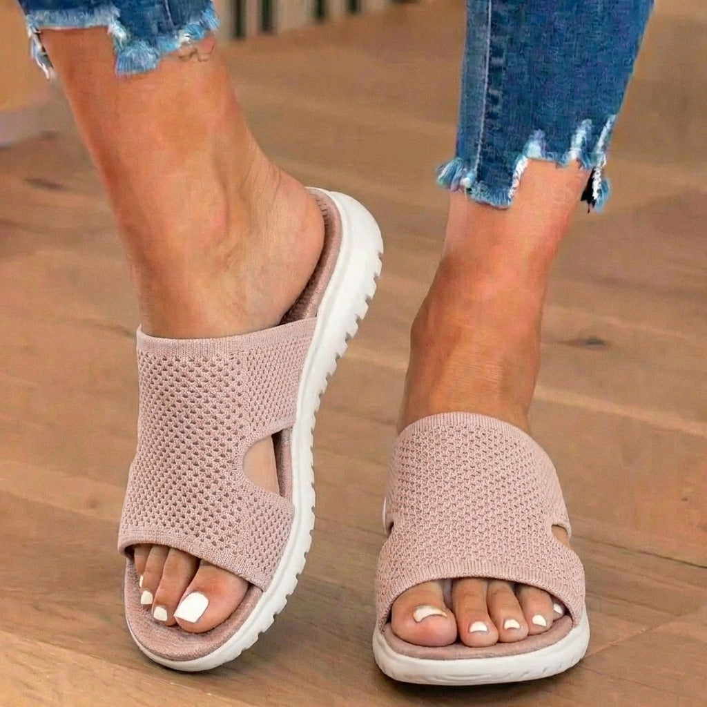 Orthopedic Knit Slide Sandals - Wide Cutout Band Design & Breathable Mesh Construction