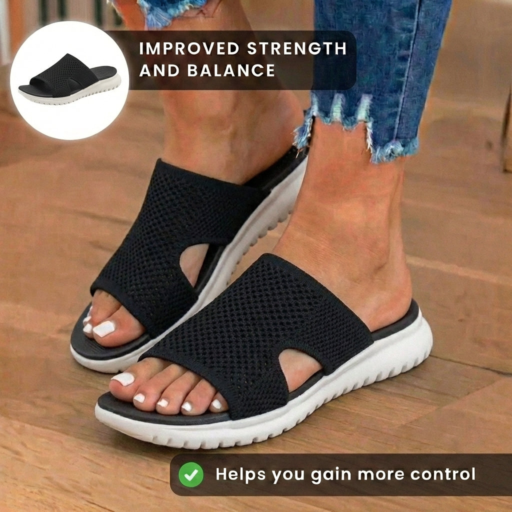 Orthopedic Knit Slide Sandals - Wide Cutout Band Design & Breathable Mesh Construction