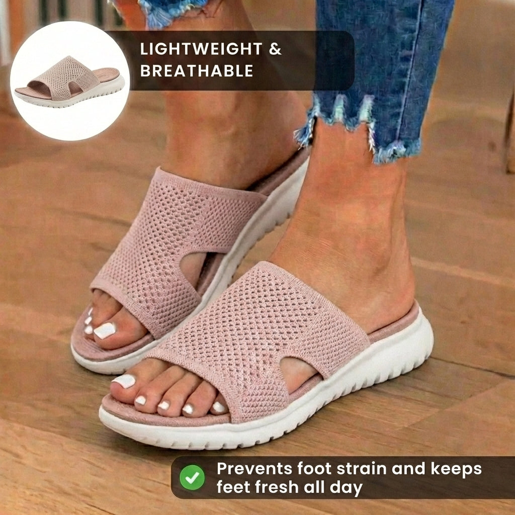 Orthopedic Knit Slide Sandals - Wide Cutout Band Design & Breathable Mesh Construction