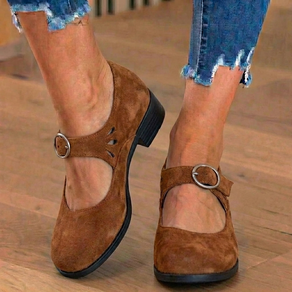 Orthopedic Suede Mary Jane Block Heels - Ring Buckle & Cutout Detail