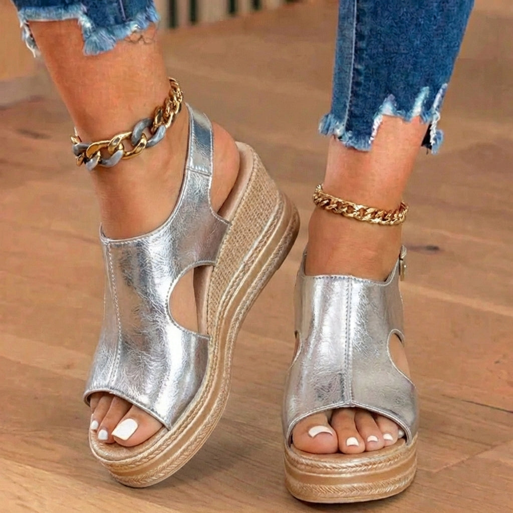 Orthopedic Metallic Croc Platform Sandals - Espadrille Wedge & Studded Trim