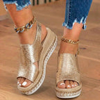 Orthopedic Metallic Croc Platform Sandals - Espadrille Wedge & Studded Trim