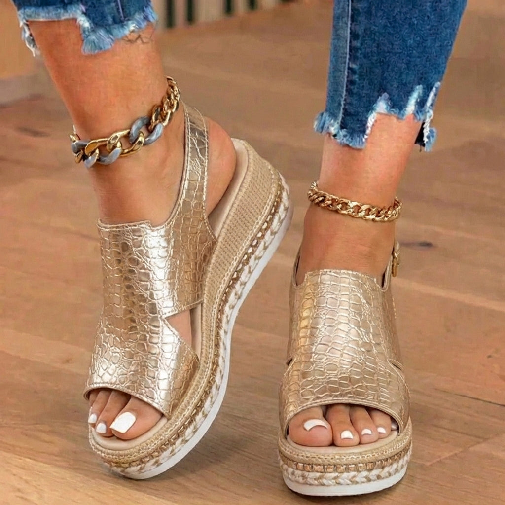 Orthopedic Metallic Croc Platform Sandals - Espadrille Wedge & Studded Trim