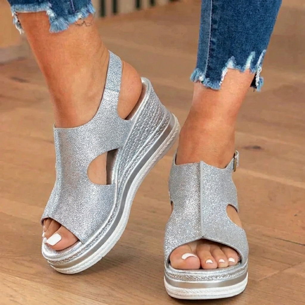 Orthopedic Platform Wedge Sandals - Espadrille Trim & Buckle Strap