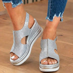 Orthopedic Platform Wedge Sandals - Espadrille Trim & Buckle Strap