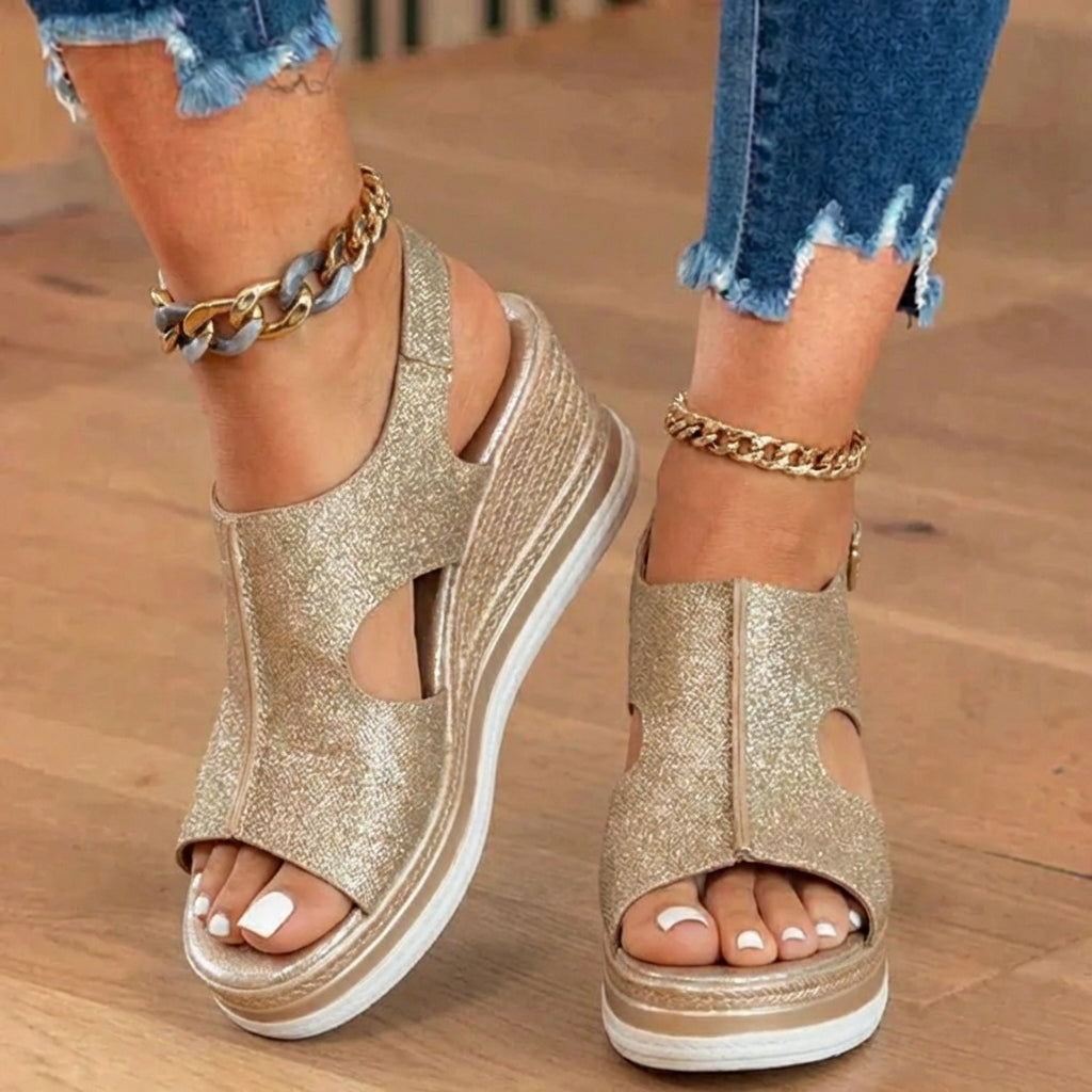 Orthopedic Platform Wedge Sandals - Espadrille Trim & Buckle Strap