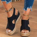 Orthopedic Platform Wedge Sandals - Espadrille Trim & Buckle Strap