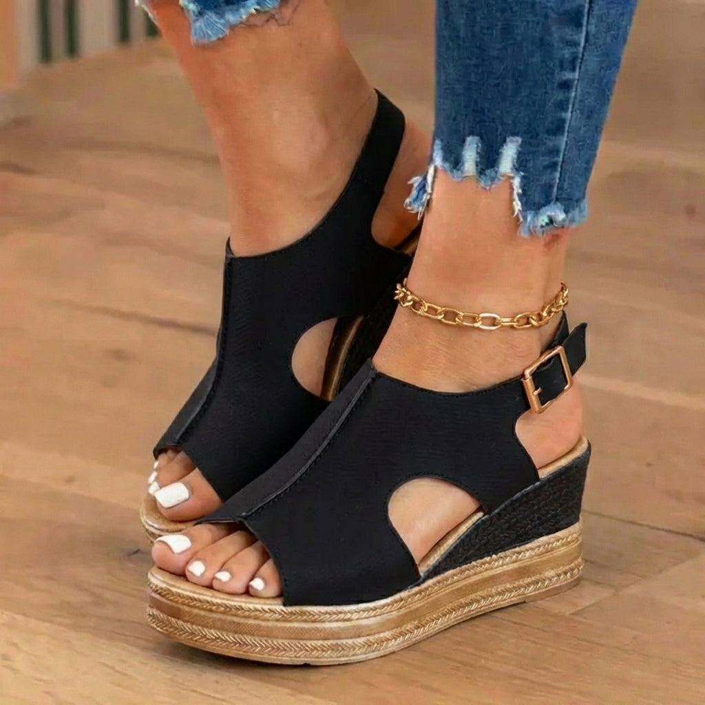 Orthopedic Platform Wedge Sandals - Espadrille Trim & Buckle Strap