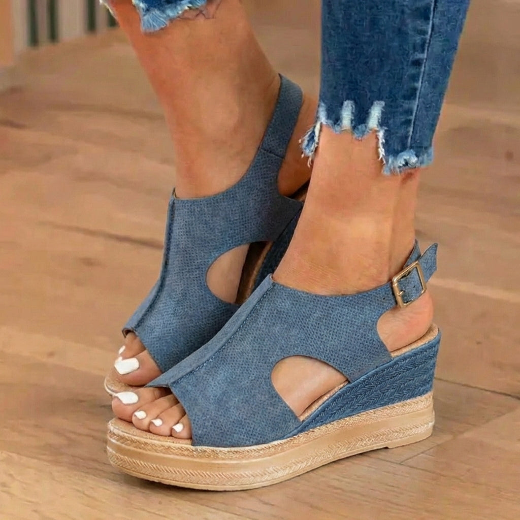 Orthopedic Platform Wedge Sandals - Espadrille Trim & Buckle Strap