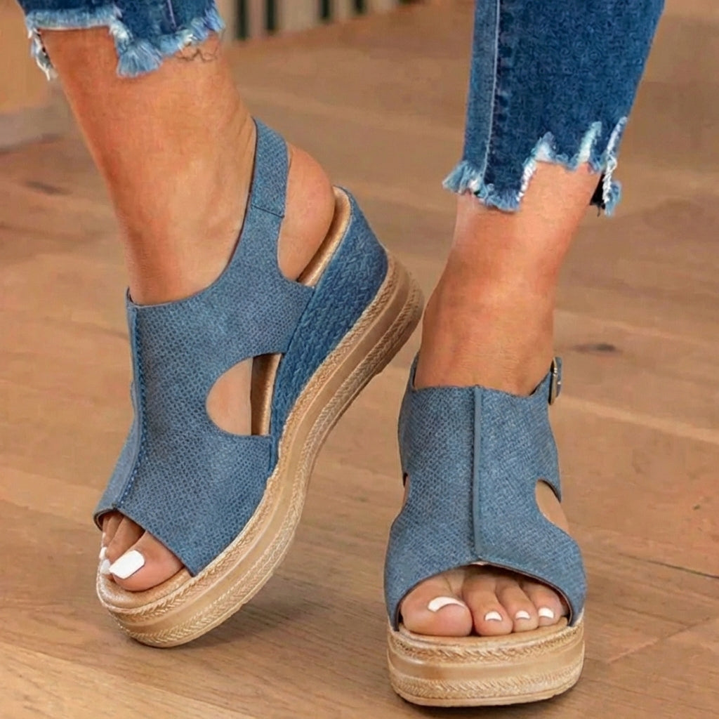 Orthopedic Platform Wedge Sandals - Espadrille Trim & Buckle Strap