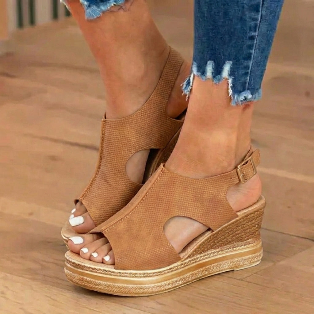 Orthopedic Platform Wedge Sandals - Espadrille Trim & Buckle Strap