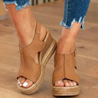 Orthopedic Platform Wedge Sandals - Espadrille Trim & Buckle Strap